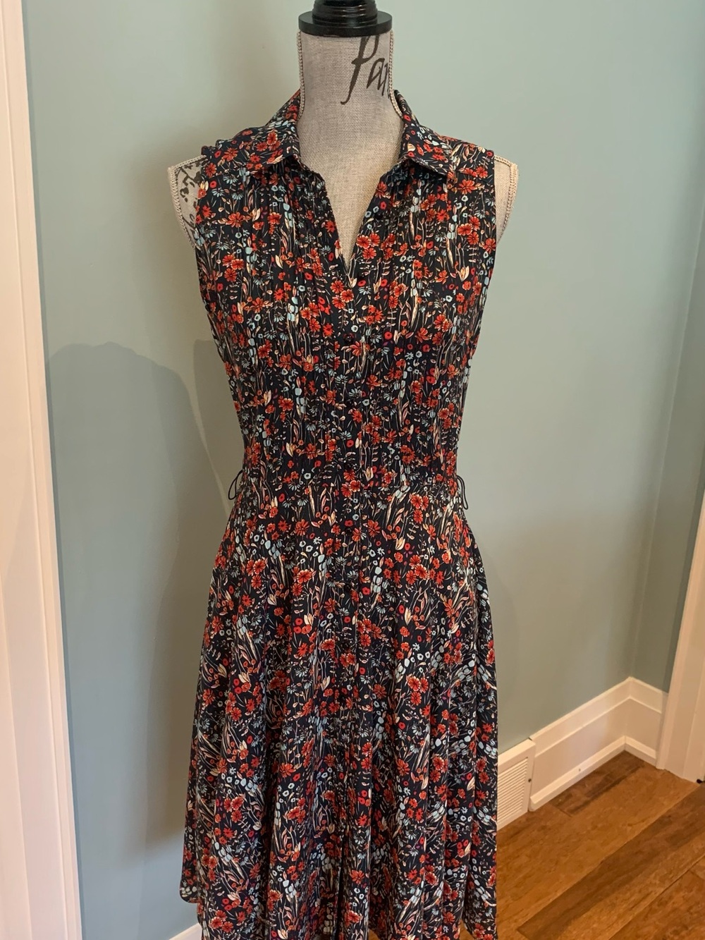 Sleeveless Black Floral Shirt Dress with Red Accents